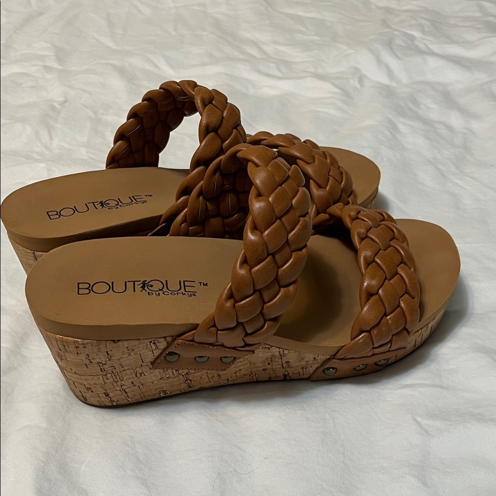 Corkys Tan Braided Wedge Sandals